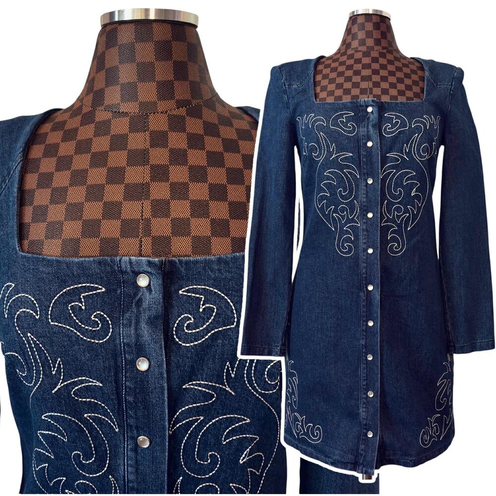 Avec Les Filles Denim Dress Womens Size 6 Tribal Western Pearl Snaps Cowgirl NEW